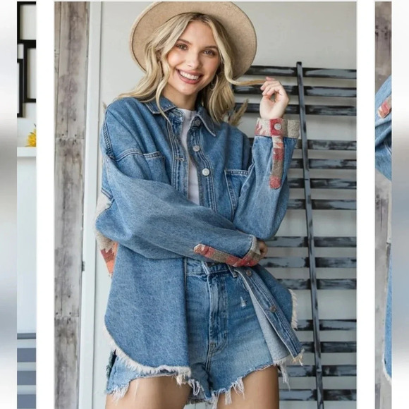 New! Aztec Denim Button Down Shacket - Picture 2 of 8